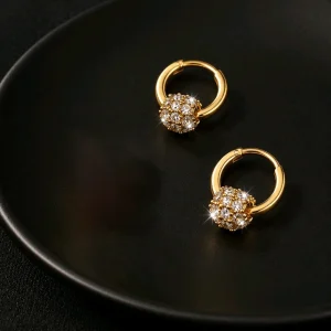 Gold crystal ball huggie hoop earrings with a sparkling sliding pavé crystal charm.